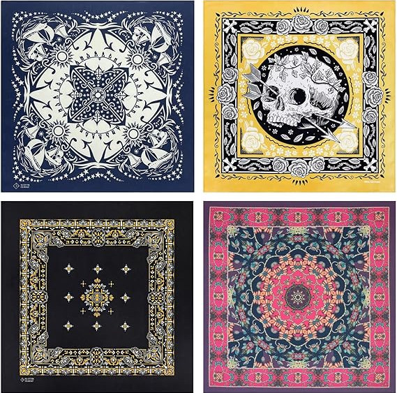 Bycc Bynn 4-Pack 100% Cotton Bandana Set, Vintage Graphic Print, 22x22 inches