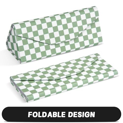 Sunglasses Case, Foldable Glasses Case, Magnetic PU Green Checkred 1 Pcs