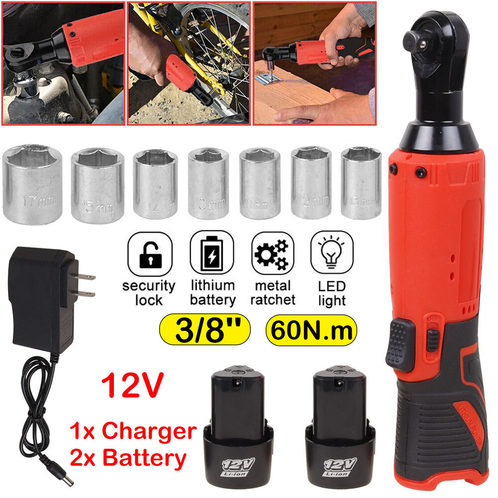 Electric Cordless Ratchet 3/8 Right Angle Wrench Impact Power Tool & 2 Batteries