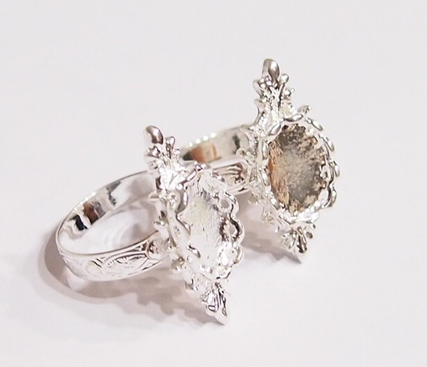 6 - 14x10mm Shiny Silver Victorian Deco Lefleur Design Adjustable Ring Settings
