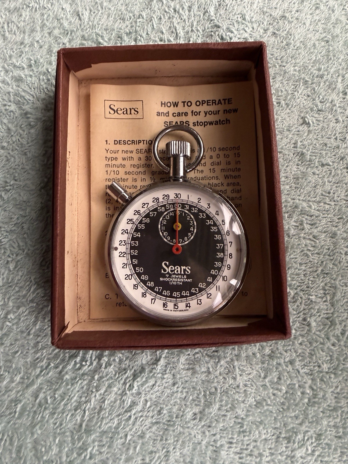**VINTAGE Sears 7 Jewels 1976 stopwatch 1 /10th shock resistant SS ORIGINAL BOX