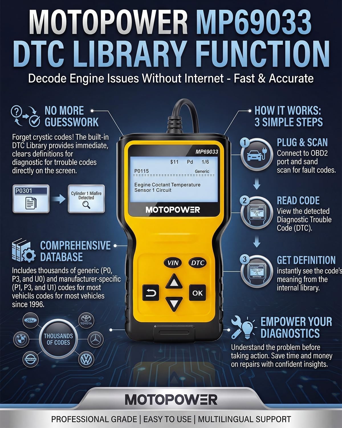 MOTOPOWER MP69033 OBD2 Scanner Universal Car Engine Fault Code Reader, CAN Diagn