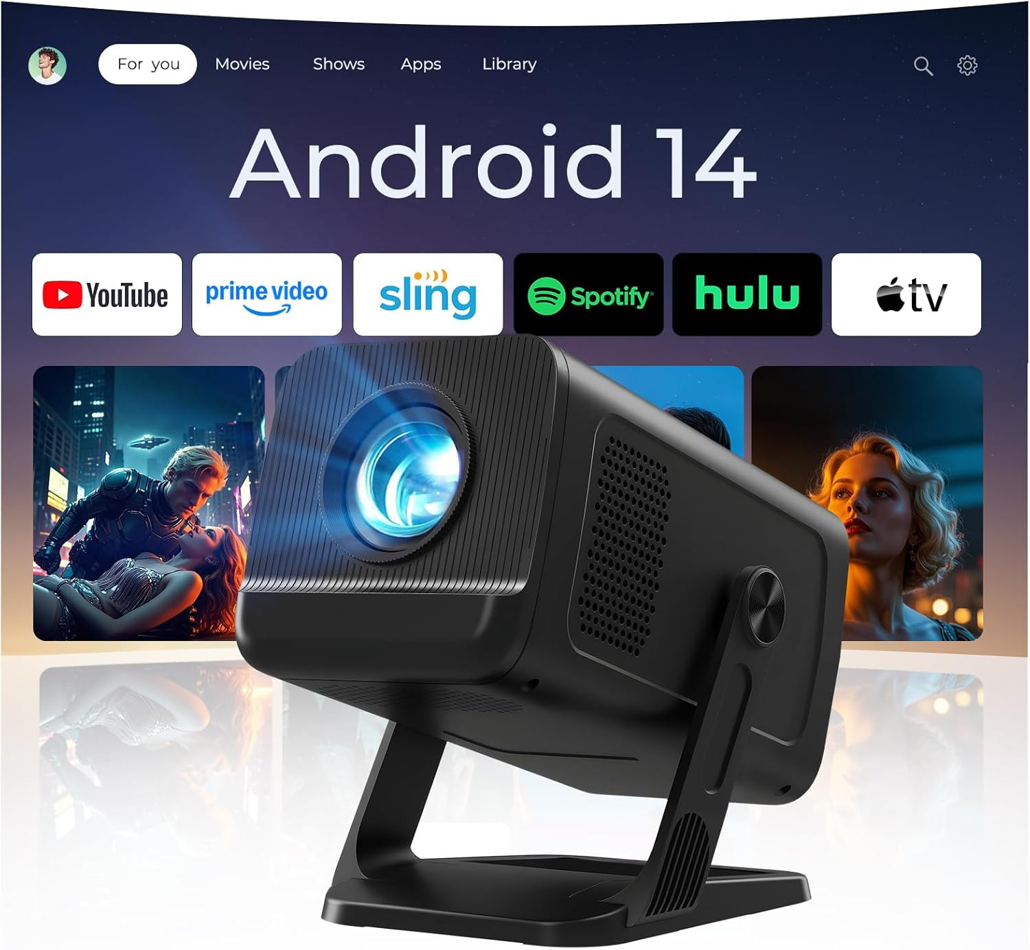Mini Projector 1080P 4K Support with Wifi 6 and Bluetooth 5.4 Built-In Apps for