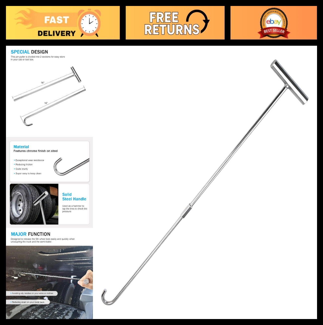 Heavy Duty 31" Solid Steel 5th Wheel Pin Puller with Chrome Finish - 1 Pack