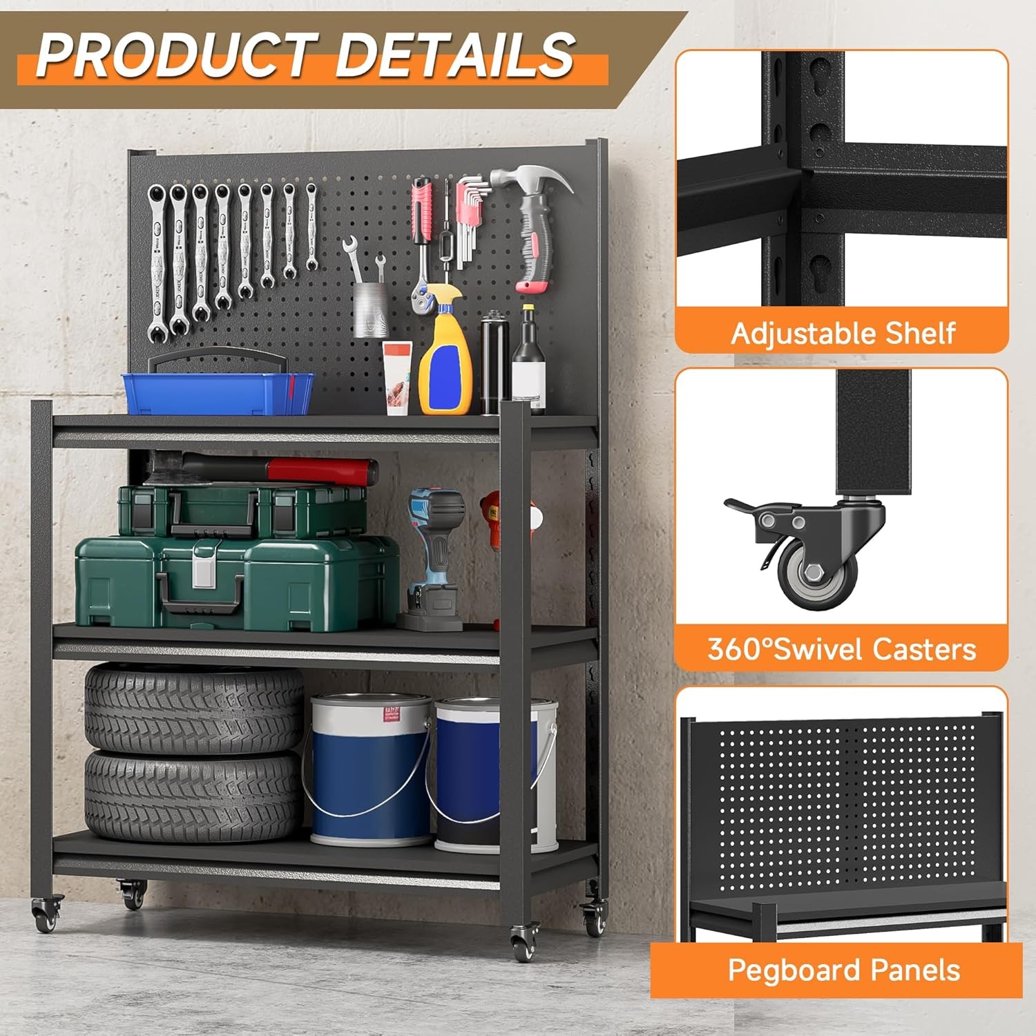 Workbench Pegboard, Adjustable Heavy Work Table Wheels,48" x 18" x 34",Black