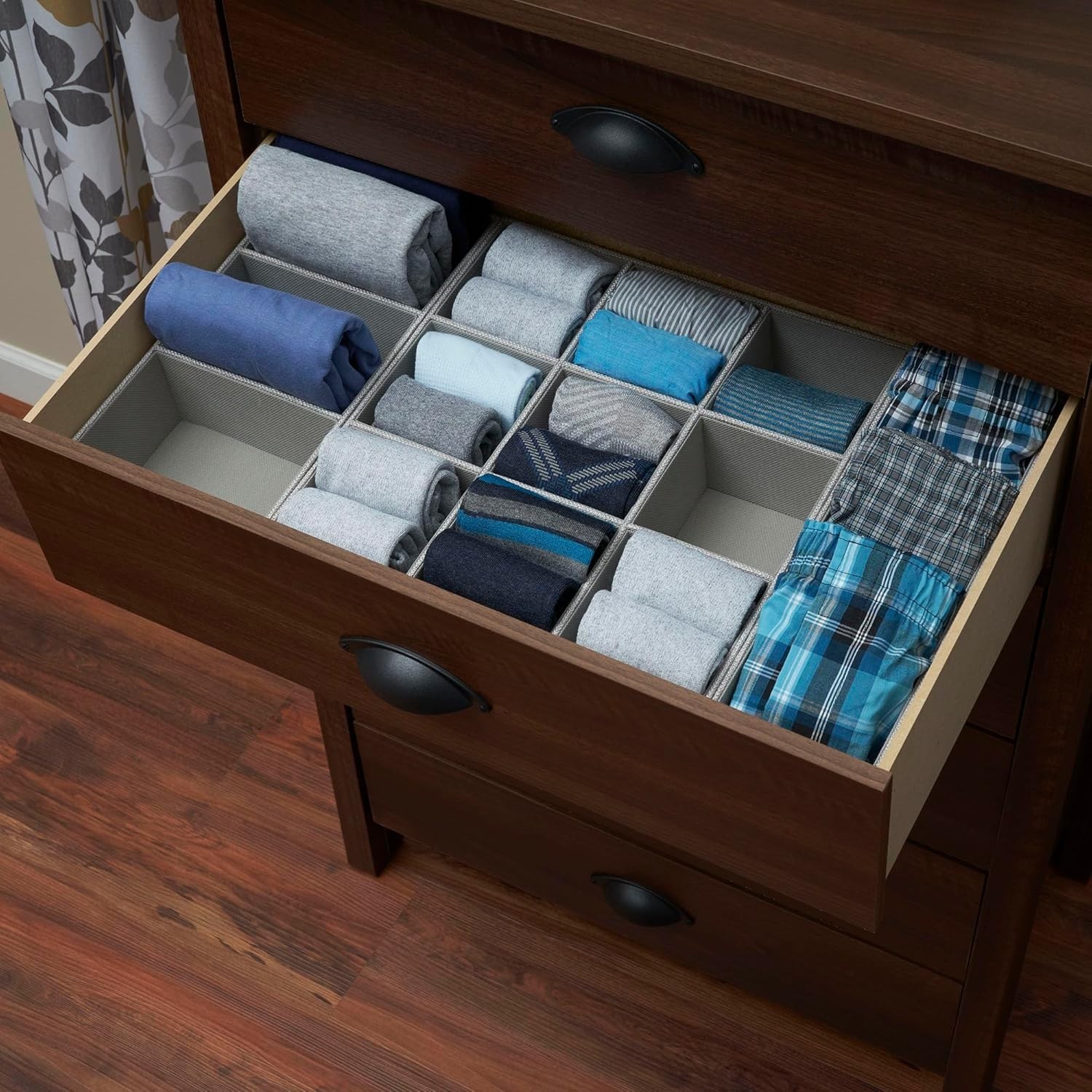 Grey 9-Compartment Fabric Drawer Organizer, 12" x 12" - Elegant Storage Solution