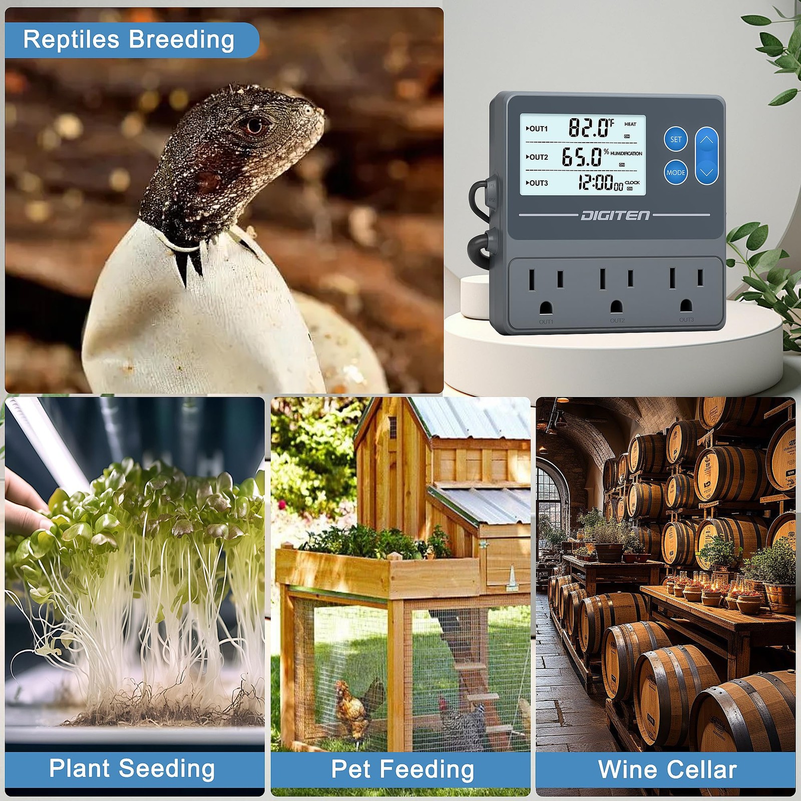 DIGITEN Reptile Temperature and Humidity Controller with Timer Outlet, Gray