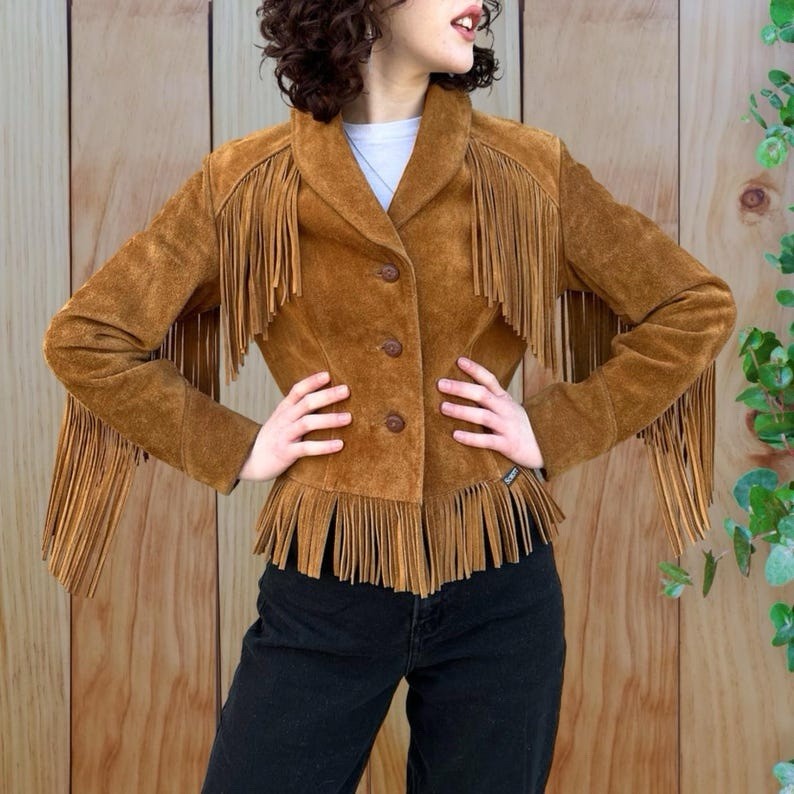 Women Native American Fringe Cowgirl Western Suede Leather Jacket with Tassels