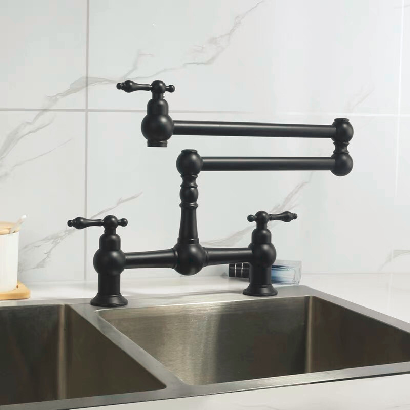Black Folding Swivel Bridge Kitchen Faucet Brass Commercial 2 Holes Mixer Tap