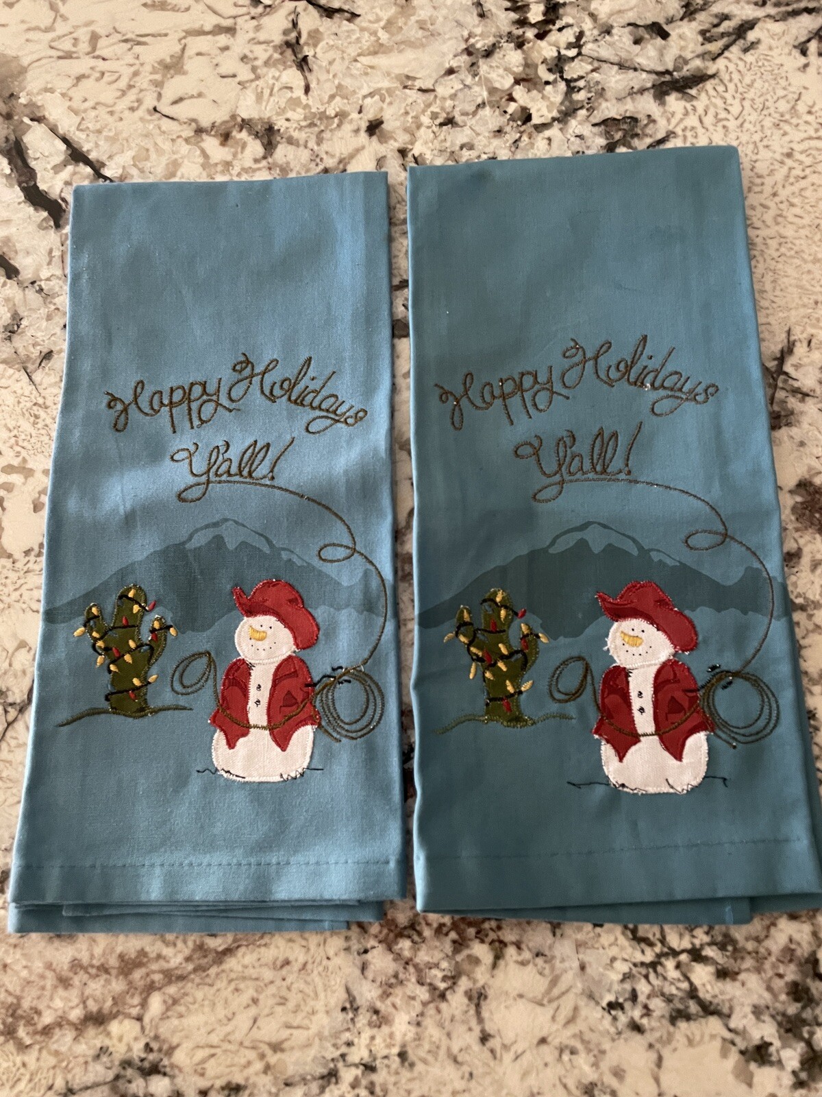 2-St. Nicholas Square Happy Holidays Y'all Kitchen Towels Western Cowboy Snowman