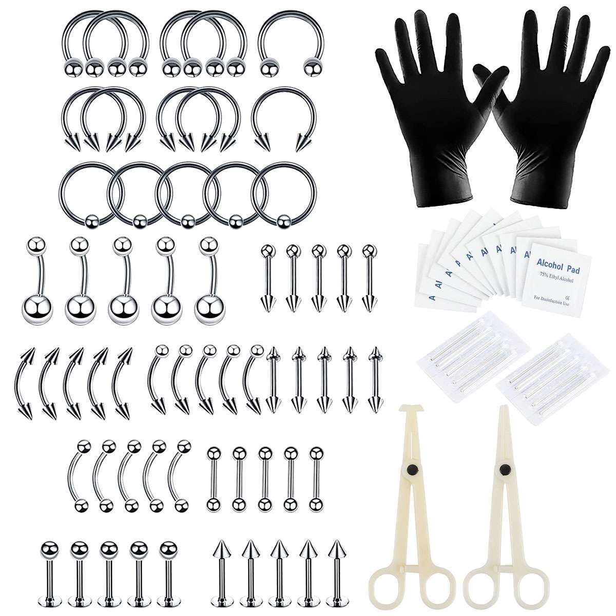 84Pcs Professional Body Piercing Tool Kit Ear Lip Tongue Nose Navel Nipple Rings