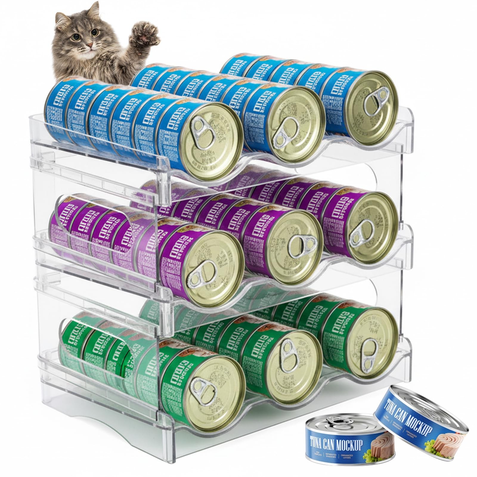 Cat Food Can Organizer, Can Organizer for Pantry, 3-Tier Cat Food Storage Con...