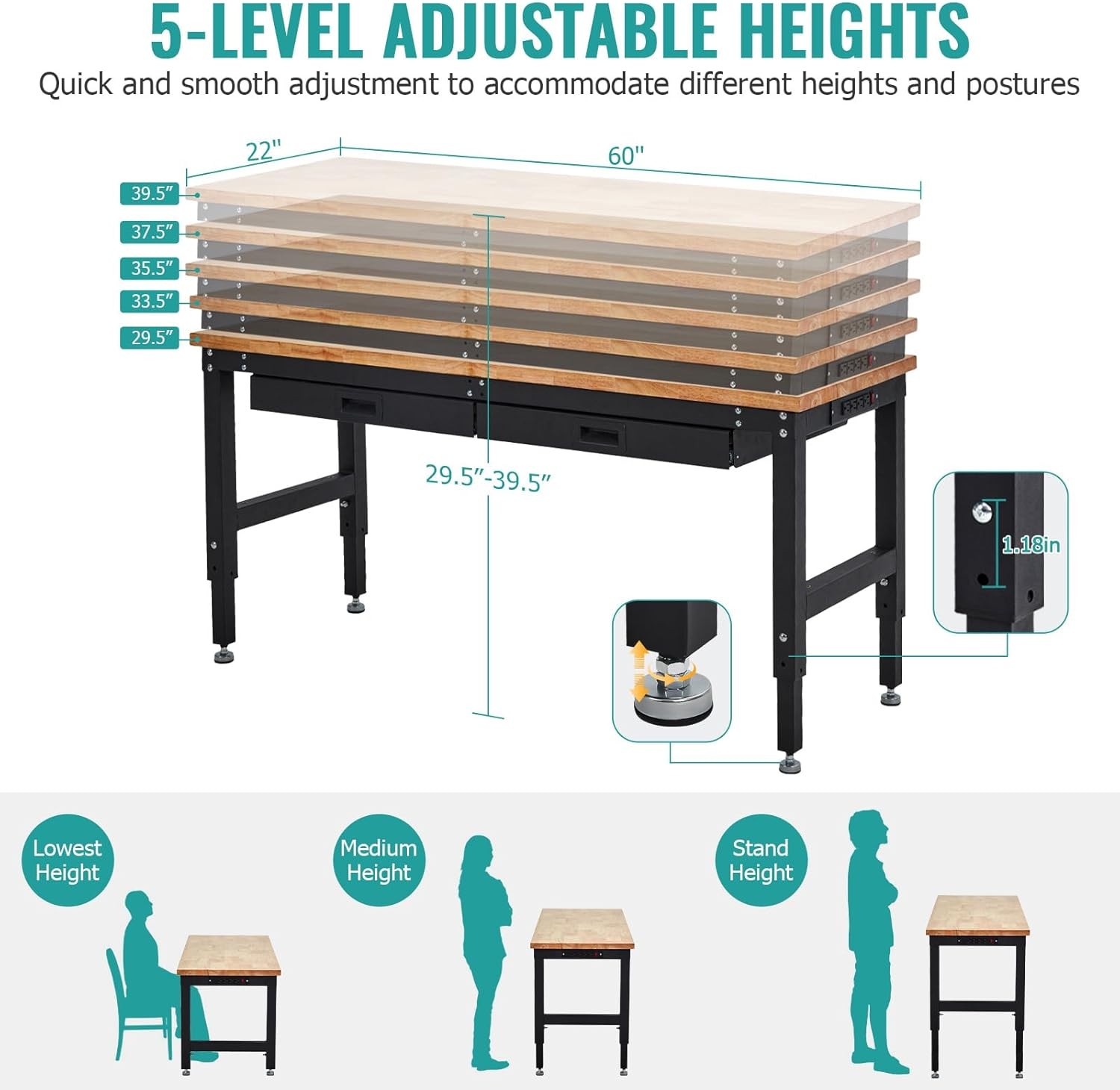 60 Inches Workbench Adjustable Height Work Bench w/ 2Drawers Pegboard Pad 3000LB