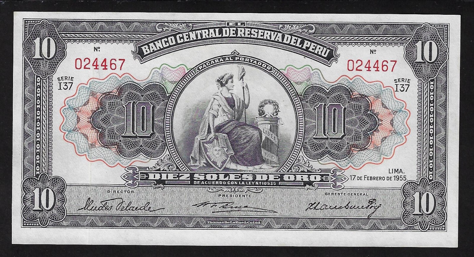 PERU 10 SOLES DE ORO 1955 UNC