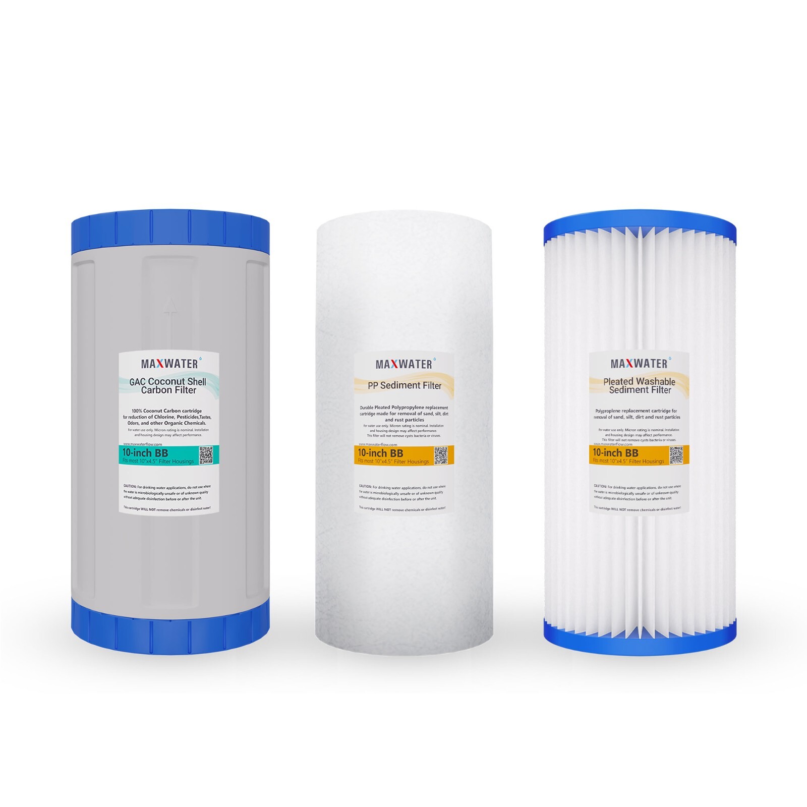 3 Big Blue 10"x4.5" Whole House Pleated + Sediment + GAC Carbon Water Filter Set
