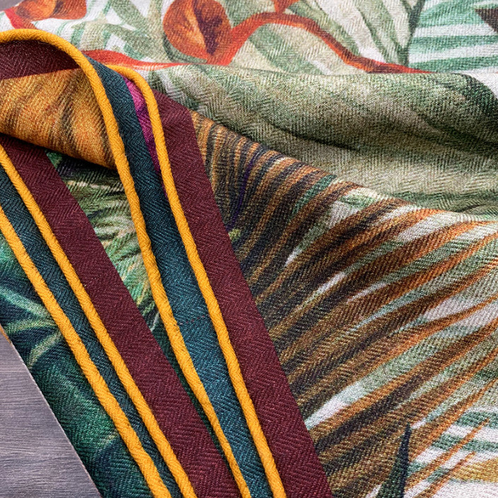 75% Cashmere 25% Silk Bandana Wrap Green forest Print Double Face Scarf 53'' new