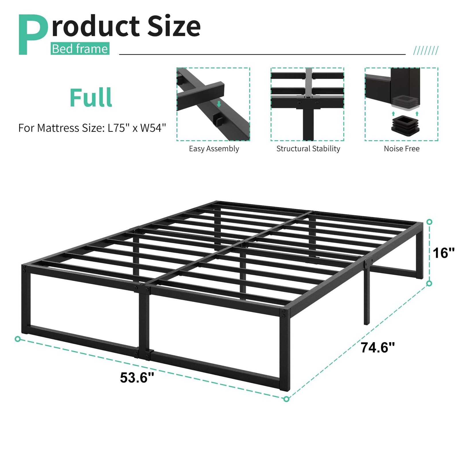 16 Inch Metal Platform Bed Frame, No Box Spring, Heavy Duty, Black