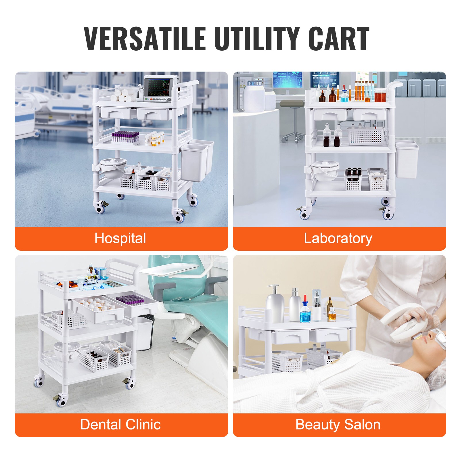Rolling Lab Cart with 3 Trays & Trash Cans, Mobile Storage Trolley