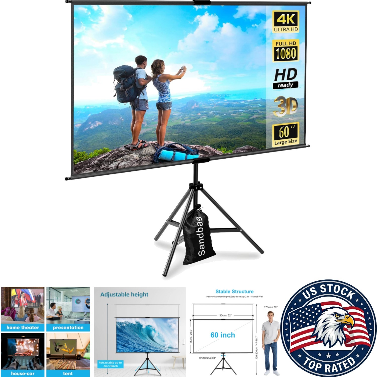 All-in-One 60-Inch Projector Screen Kit with Adjustable Tripod for Any Setting