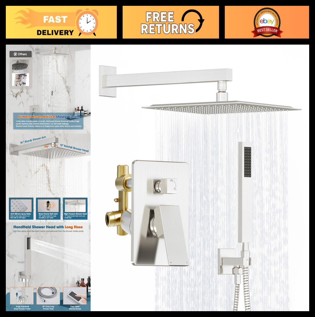 10'' High Pressure Shower Head & Handheld Spray Combo, 59'' Hose, Faucet Set