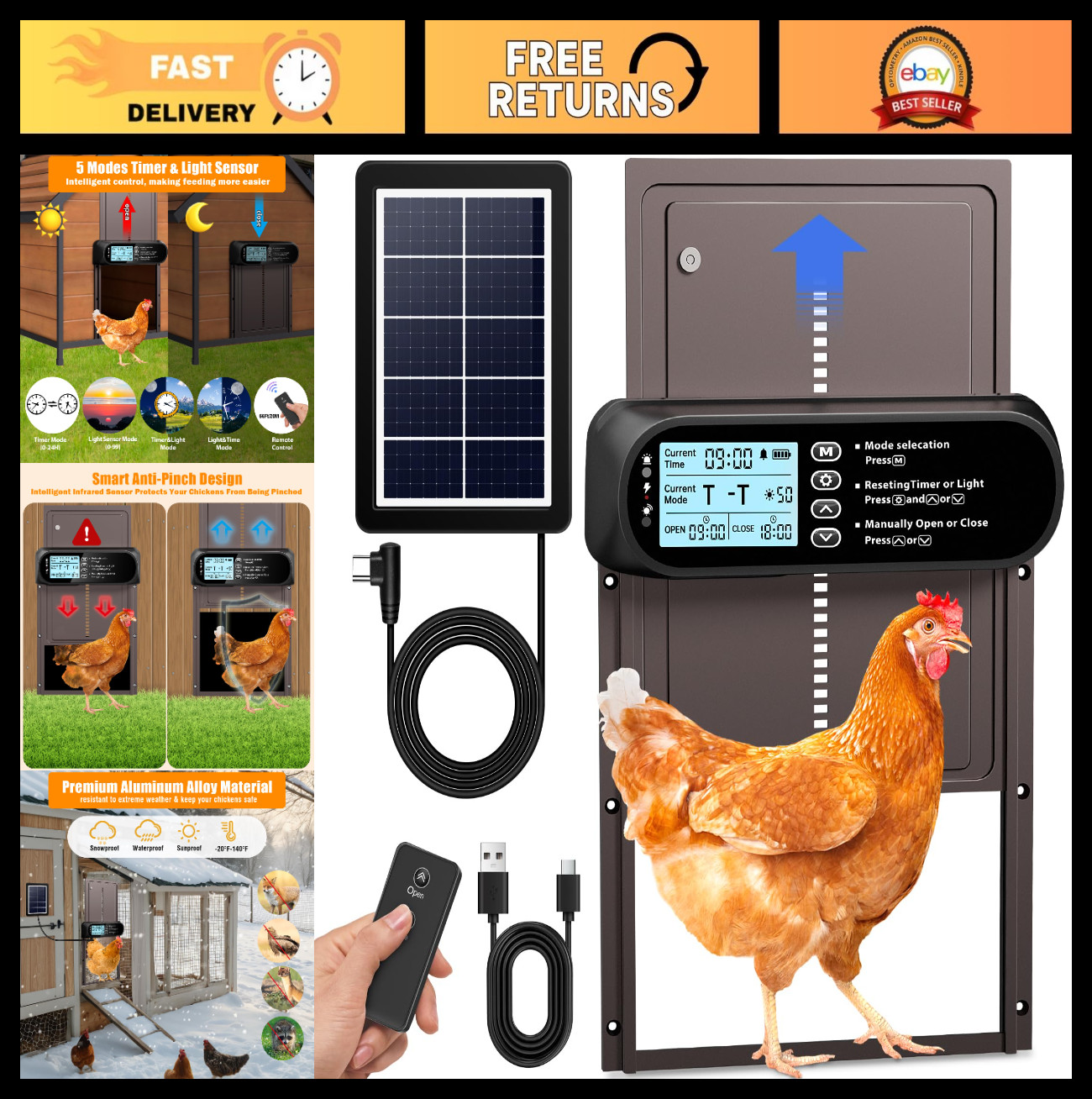 Solar-Powered Automatic Chicken Coop Door with LCD Timer, Light Sensor & Remote