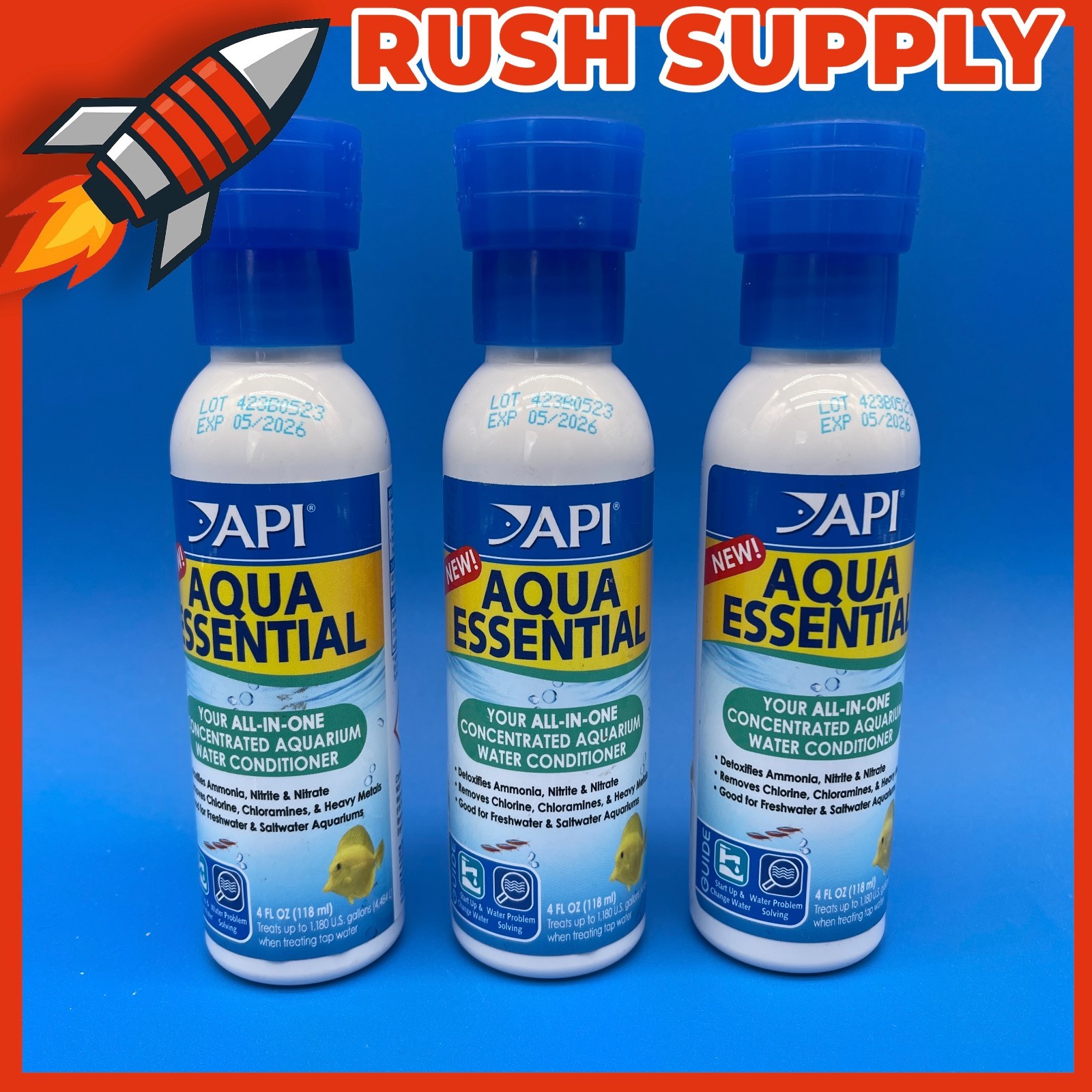 Lot of 3 New API Aqua Essential Water Conditioner 4 Ounce Bottle - Expires 2026