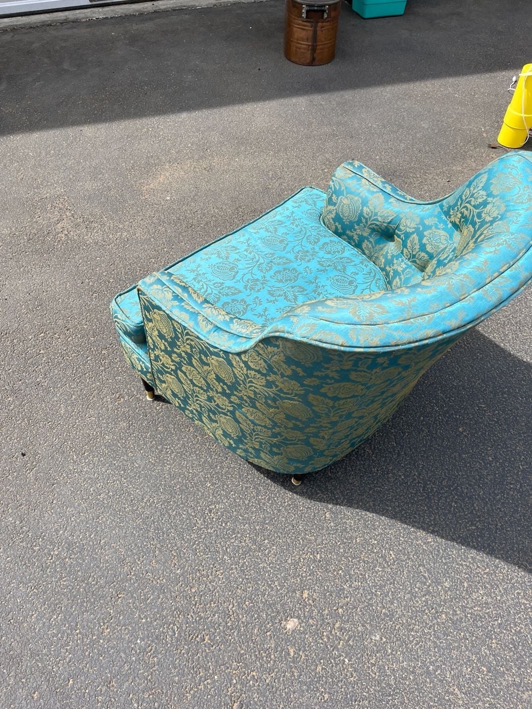 Vintage Mid-Century Modern Tufted Wingback Armchair in Teal and Gold Floral Dama