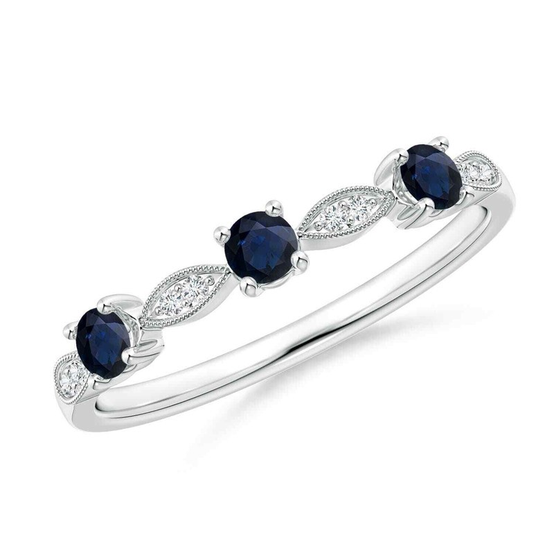 2mm Blue Sapphire Wedding Band Ring 925 Sterling Silver Milgrain Ring For Women