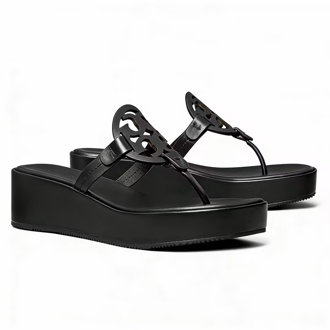 Tory Burch Miller  Perfect Black Leather Wedge Flip Flop Sandals Women's US 8