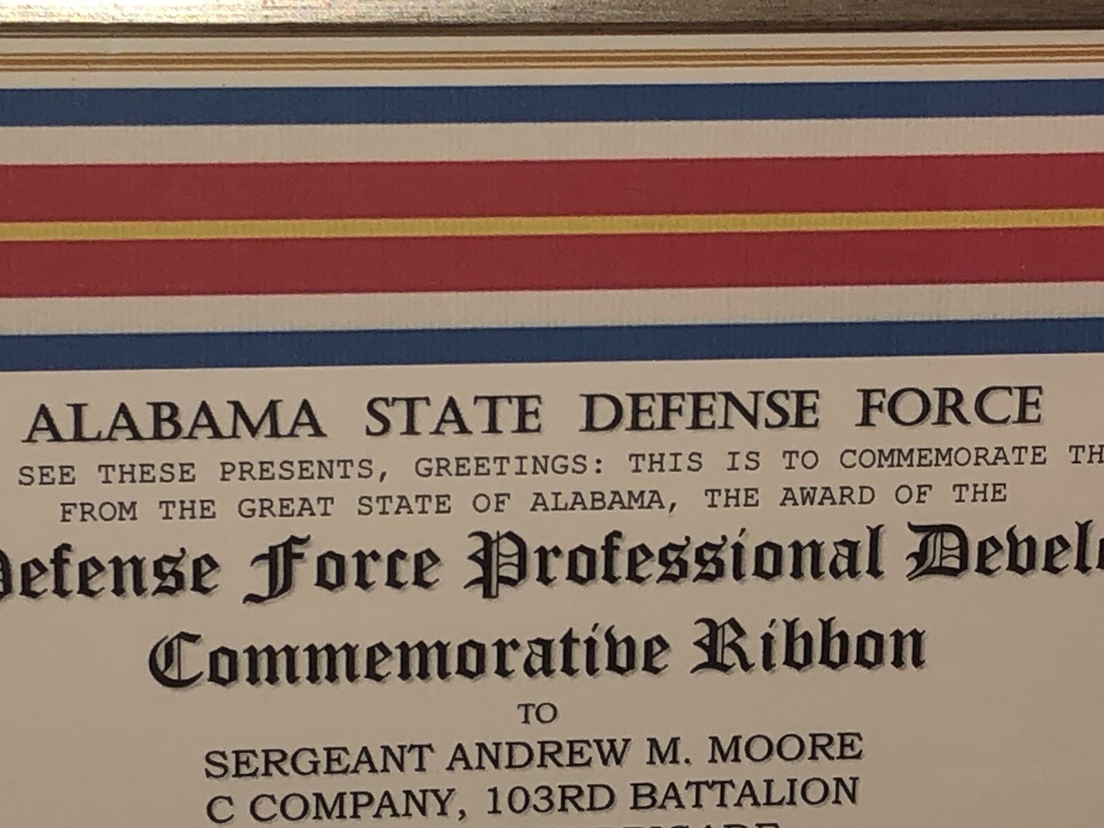 ALABAMA DEFENSE FORCE PROFESSIONAL DEVELOPMENT COMMEMORATIVE RIBBON CERTIFICATE