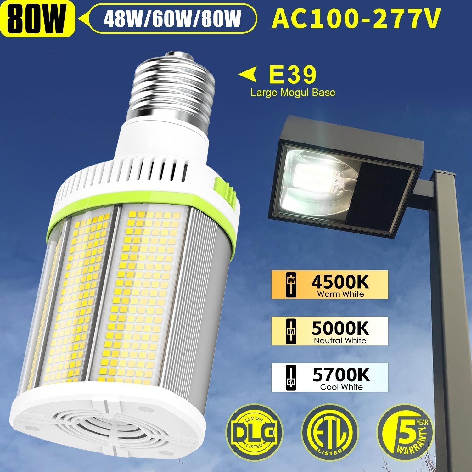 80W LED Corn Bulb E39 Shoebox Wall Pack Retrofit Corn Light (4500K/5000K/5700K)