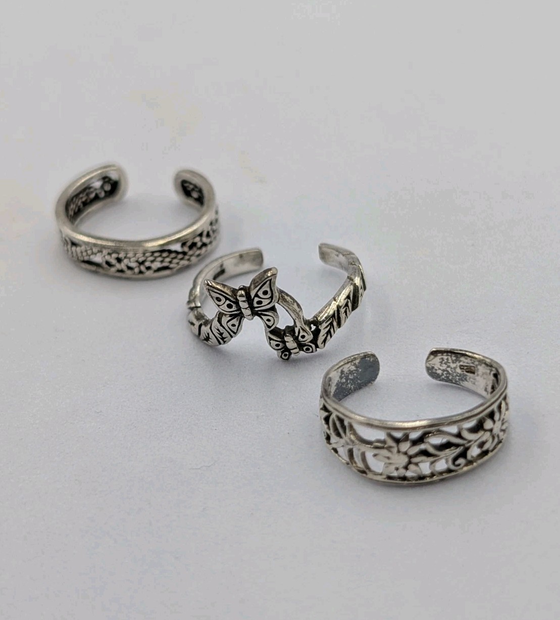 3 Vtg Sterling Silver Butterflies Openwork Flowers Rope Swirls 925 Toe Rings Adj