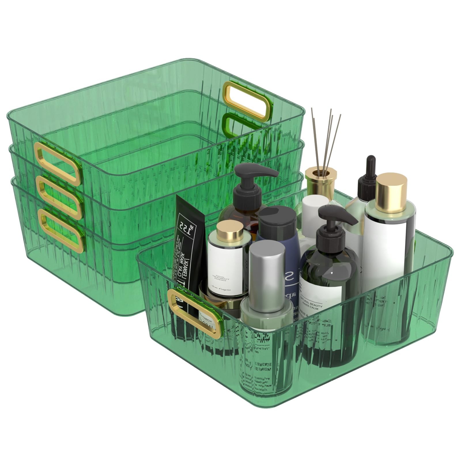 4 Pack Clear Storage Organizer Bins Plastic Cosmetic Bin Green