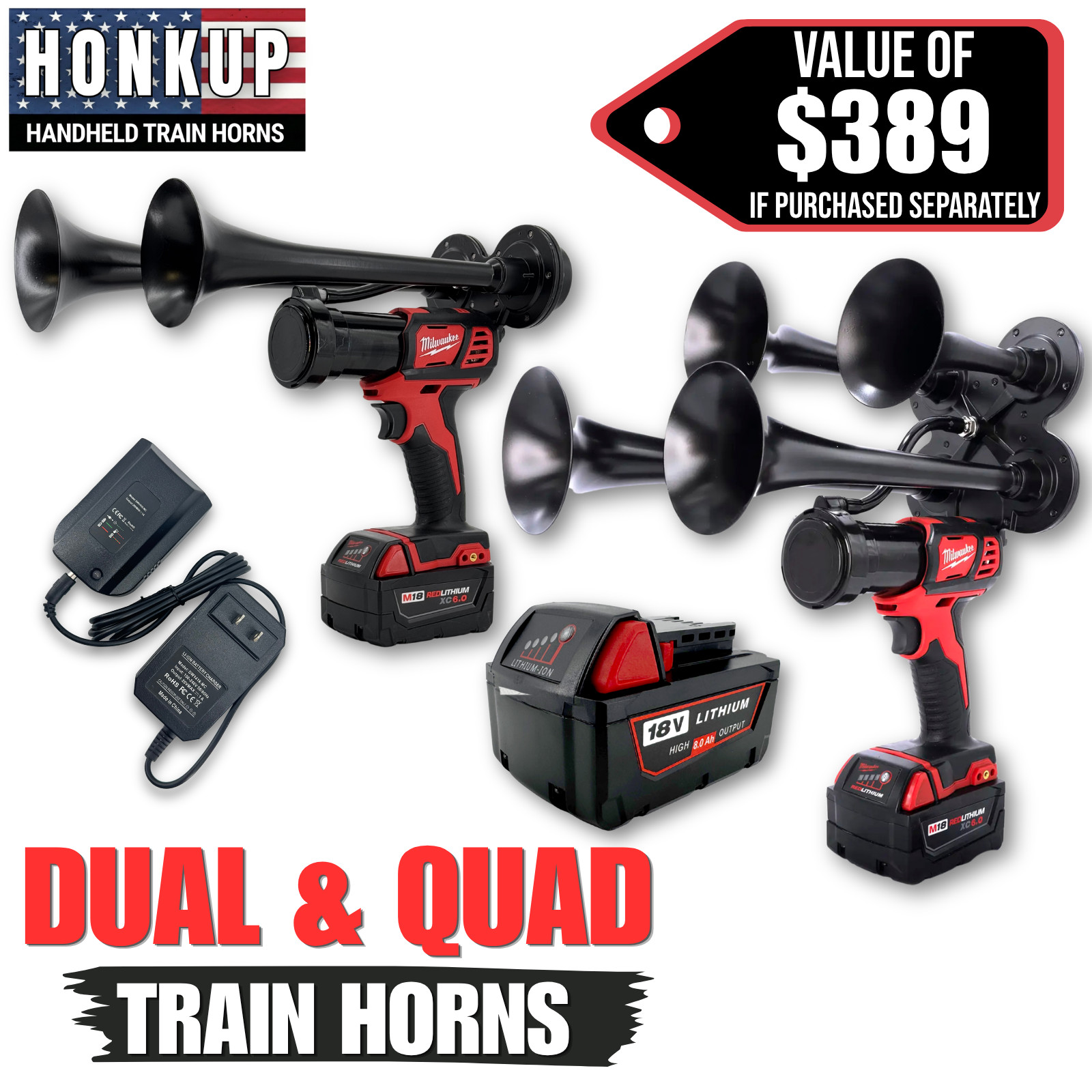 💥Honkup™ for Milwaukee 18V Battery Train Air Horn Quad & Dual 2-Horn Combo Kit
