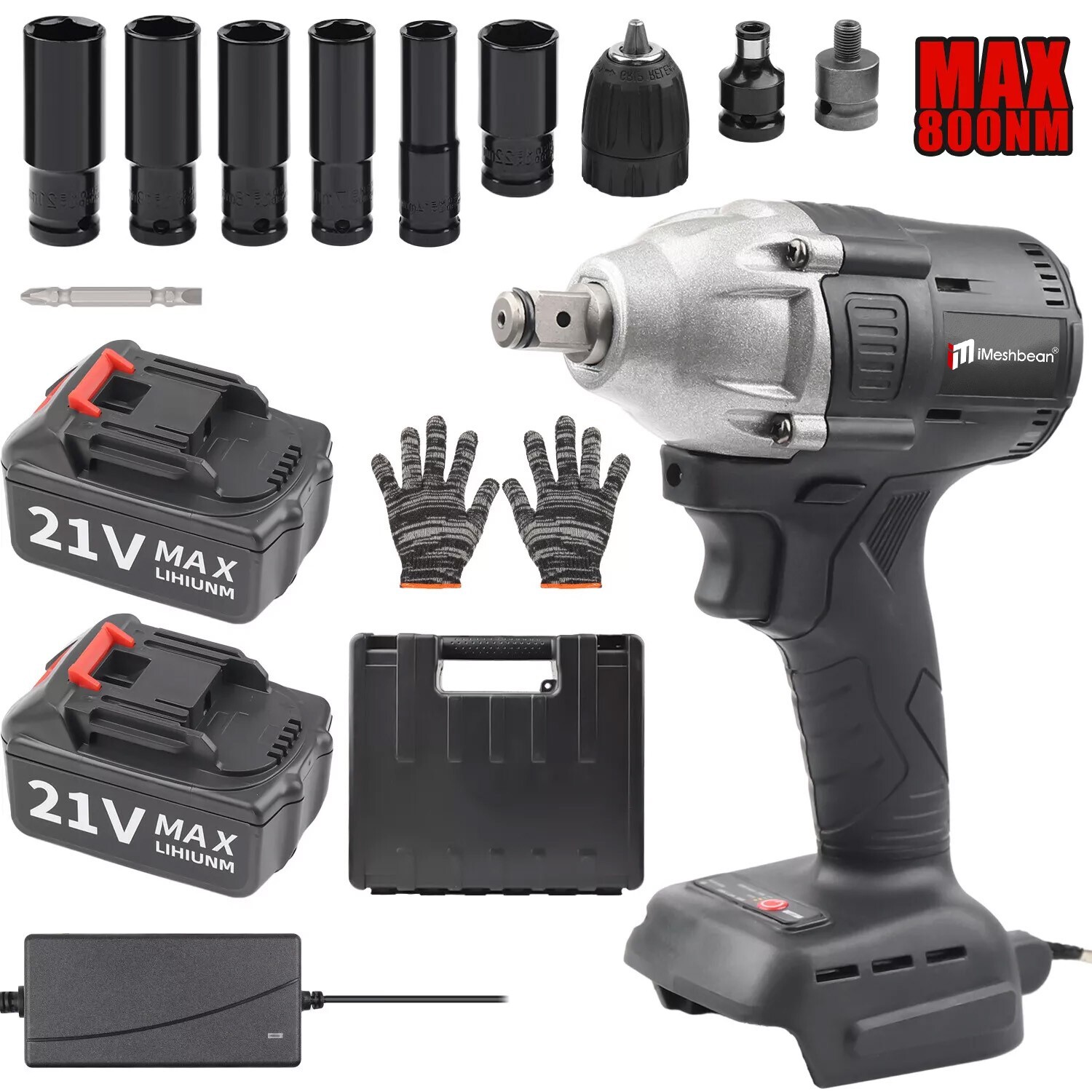 Cordless Electric Impact Wrench Gun 1/2'' High Power Drill Driver 2x4Ah Battery