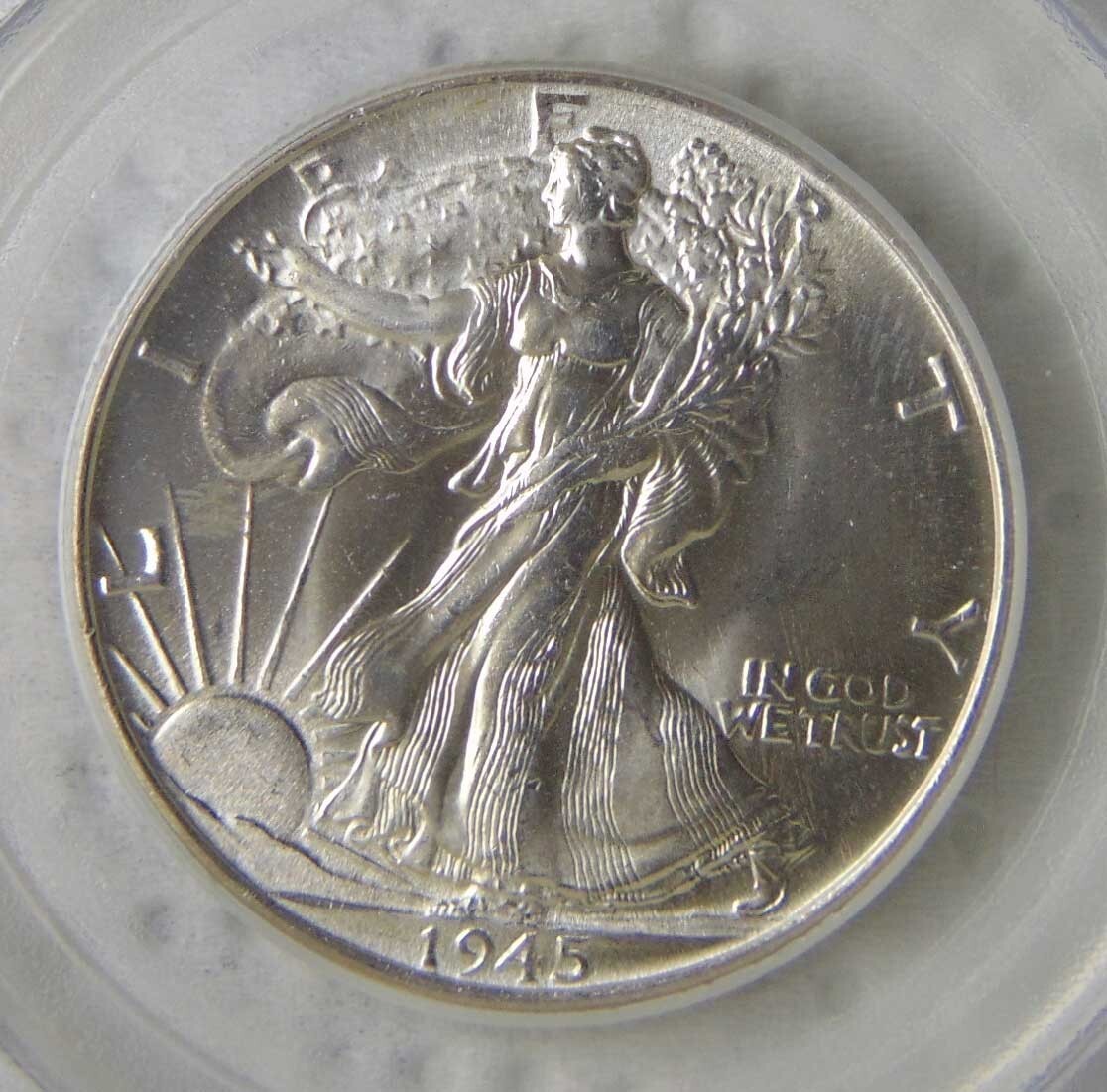 1945 Walking Liberty 50C Silver Half Dollar, PCGS MS65 "Old Green Holder" NICE