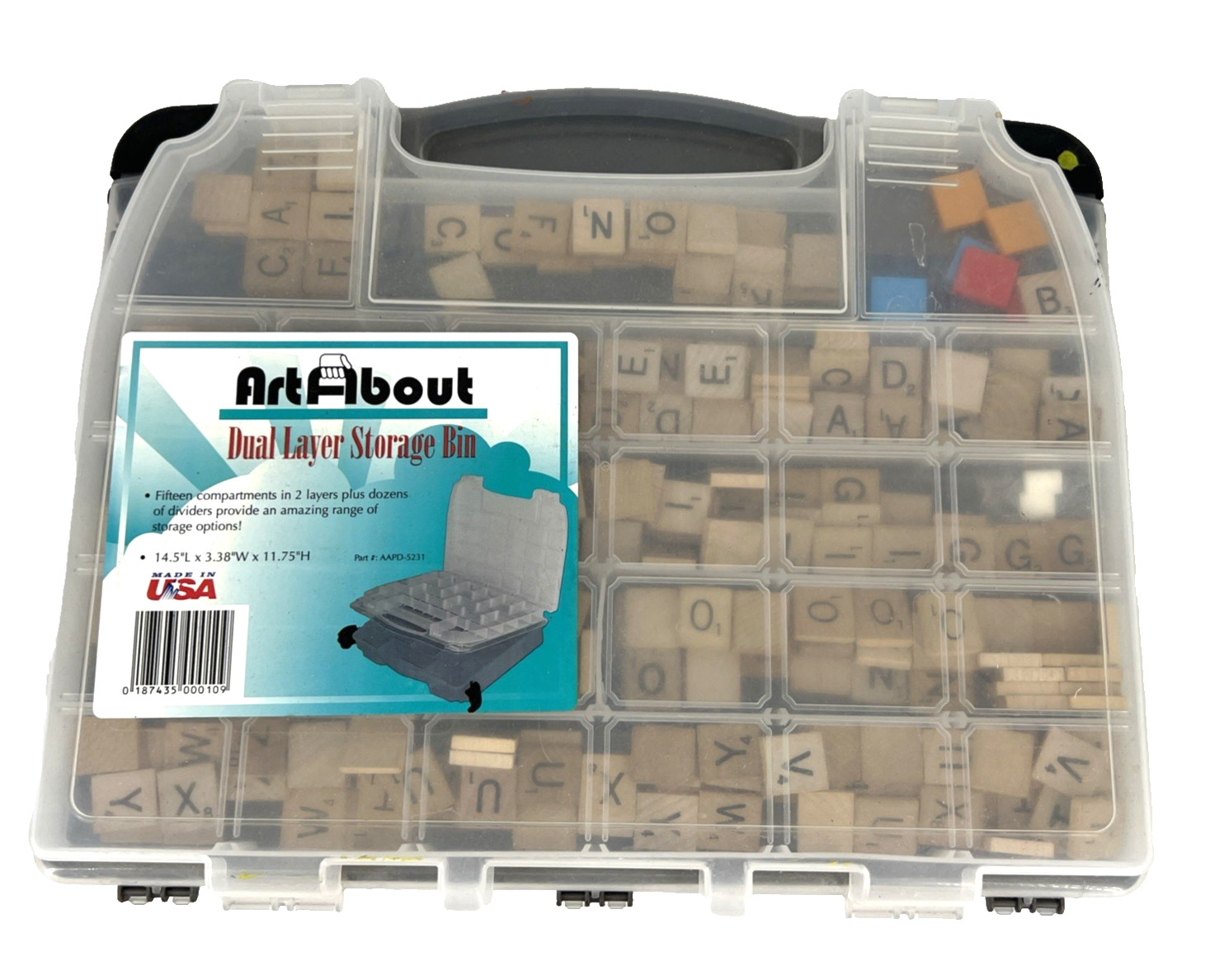 Art About Dual Layer Craft Storage Bin with Wood Scrabble Tiles Letters Lot (X)