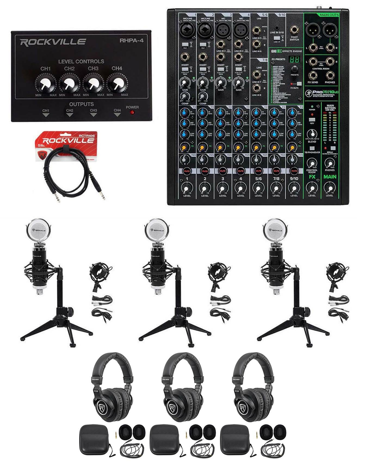 3-Person Podcast Podcasting Recording Kit w/Mackie ProFX10 v3 Mixer+Desk Stands