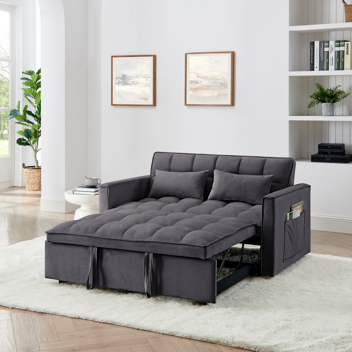 Convertible Sleeper Sofa Bed Loveseat 2 Seater Sofa w/ Pull Out Bed & 2 Pillows