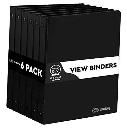 1/2 inch Binder 3 Ring Binder (6 Pack - Black) O-Ring Binder with Clear View