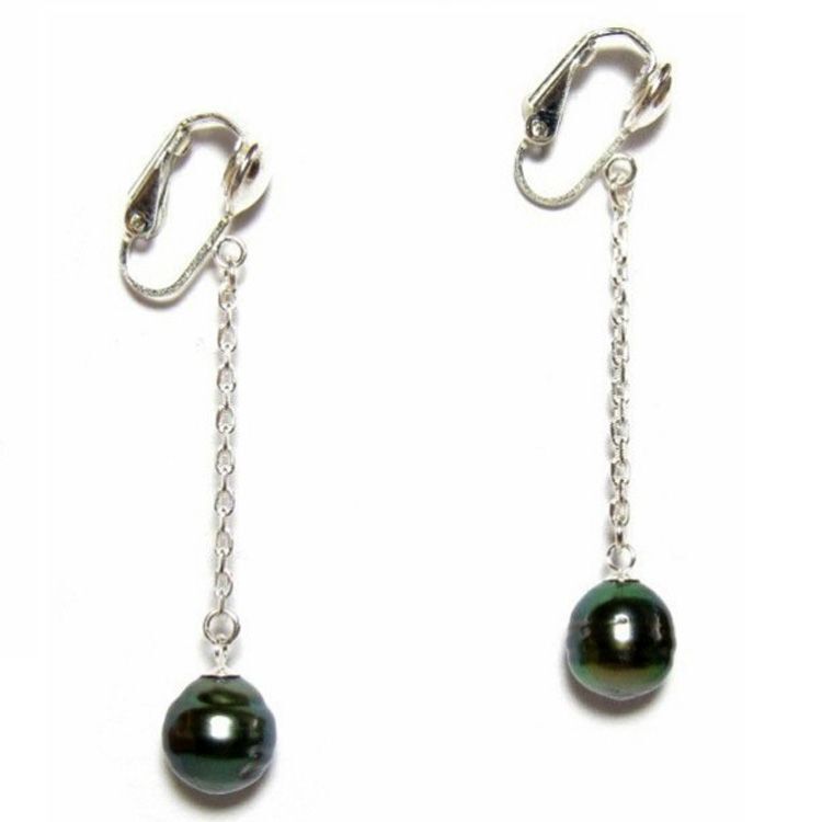 9-10mm Tahitian Black Pearl 925 Silver Chain Dangle Clip On Earrings