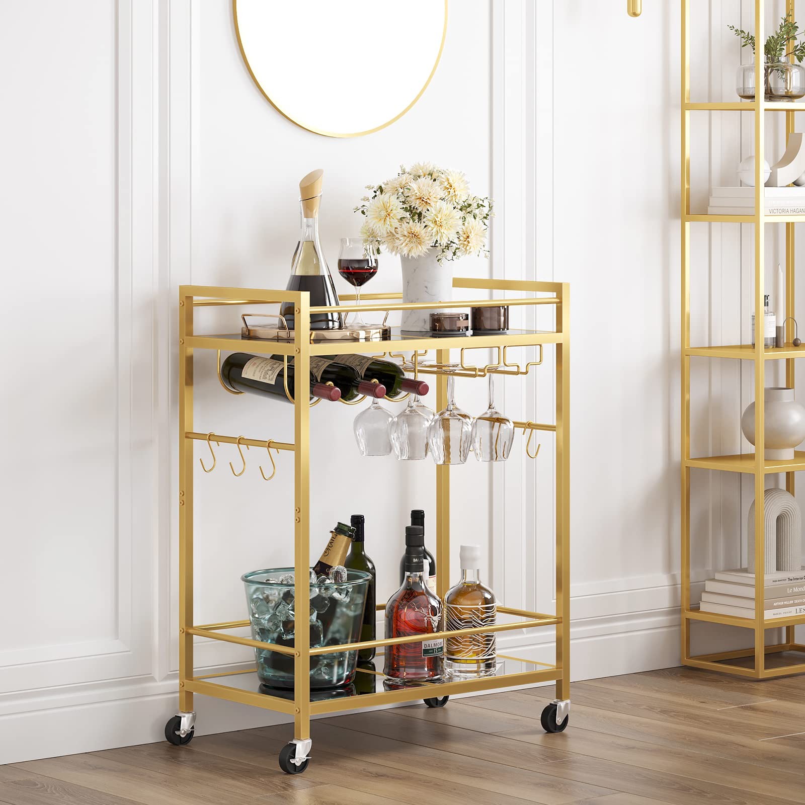 Bar Cart, Serving Cart for Home, Drink Cart, Mobile Kitchen Shelf with Wine R...