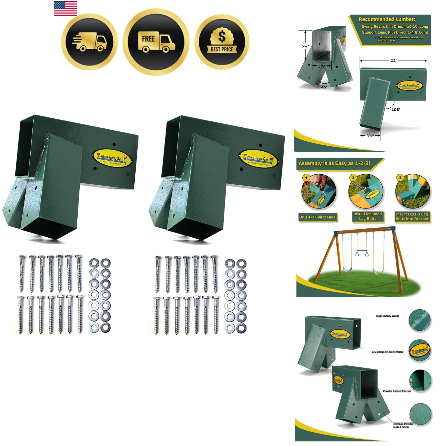 Easy 1-2-3 A-Frame 2 Brackets Swing Set Brackets with All Mounting Hardware, ...