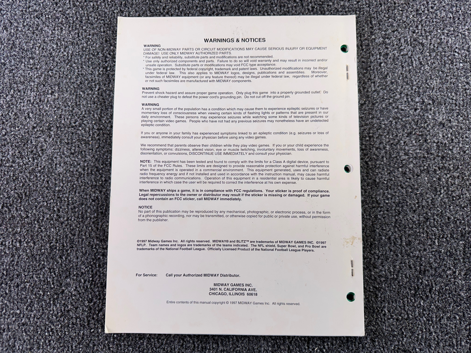 Midway Blitz 25" Dedicated Arcade Video Game Manual Schematics ORIGINAL