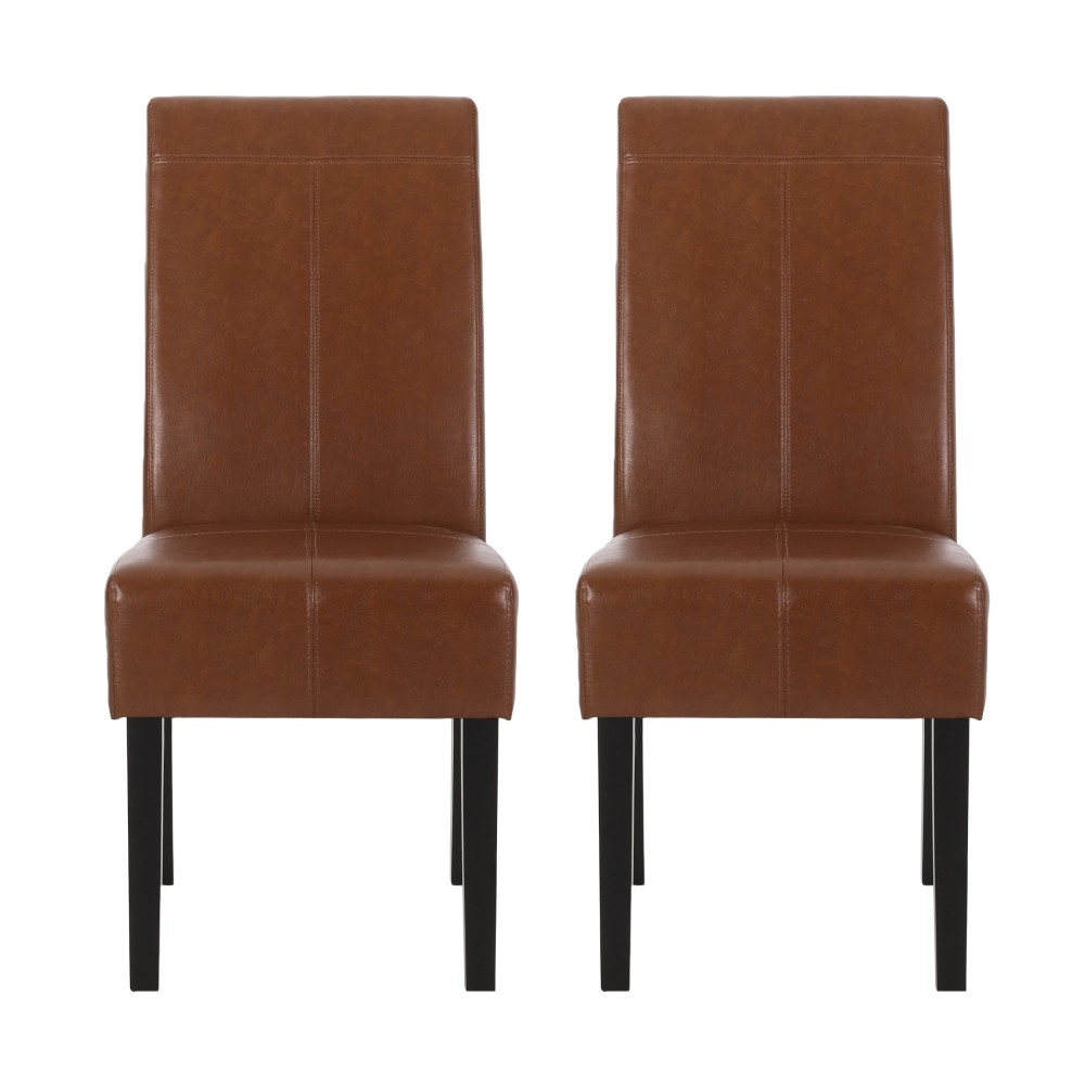 Set of 2 Light Brown Dining Chairs - PU Leather & Solid Wood T-Stitch