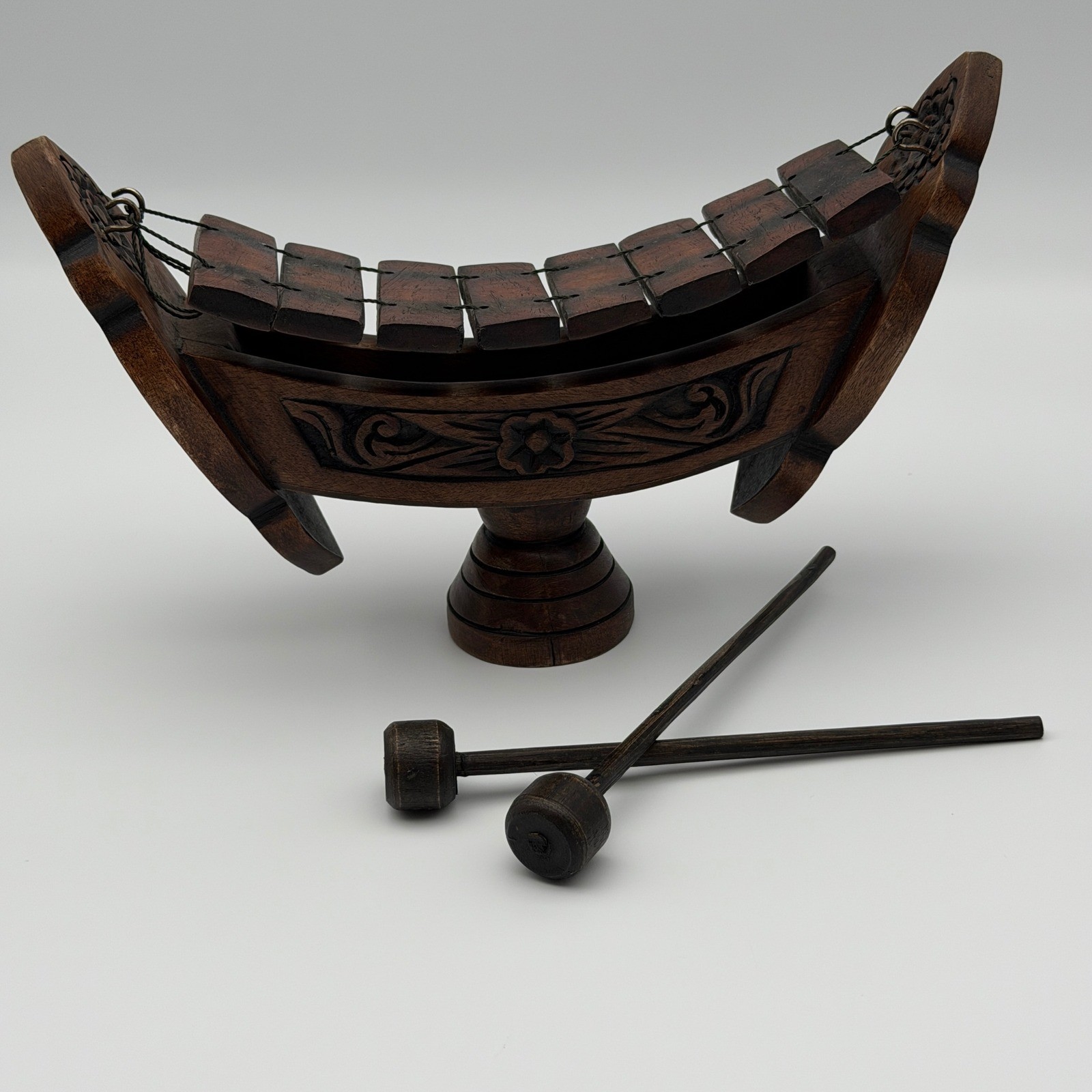 Miniature Thai Ranat Ek Xylophone Carved Wood Musical Instrument with 2 Mallets