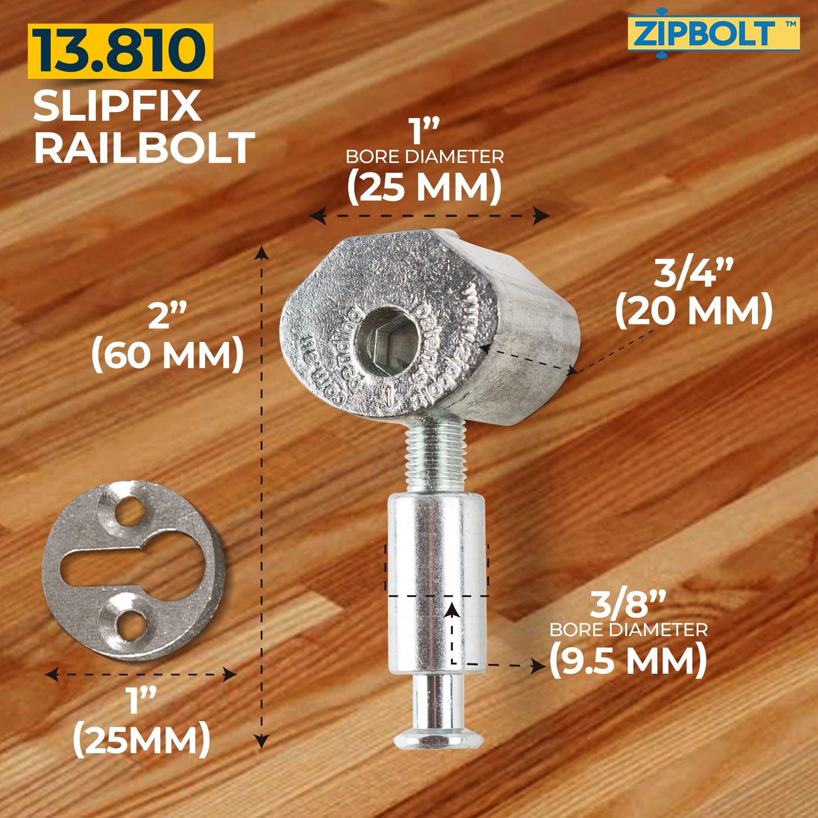 Zipbolt 13.810 Slipfix Railbolt — Staircase Handrail Post to 1 Pack