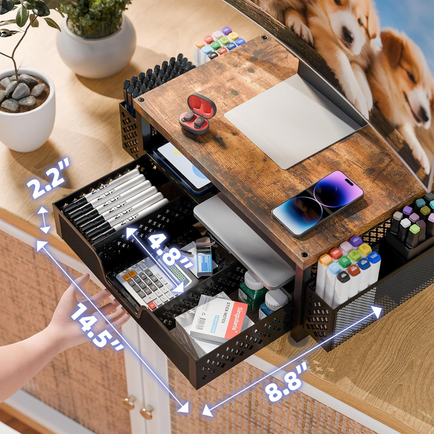 Desk Organizers and Accessories, 2 Tier Monitor Stand Riser with Drawer and 2 Pe