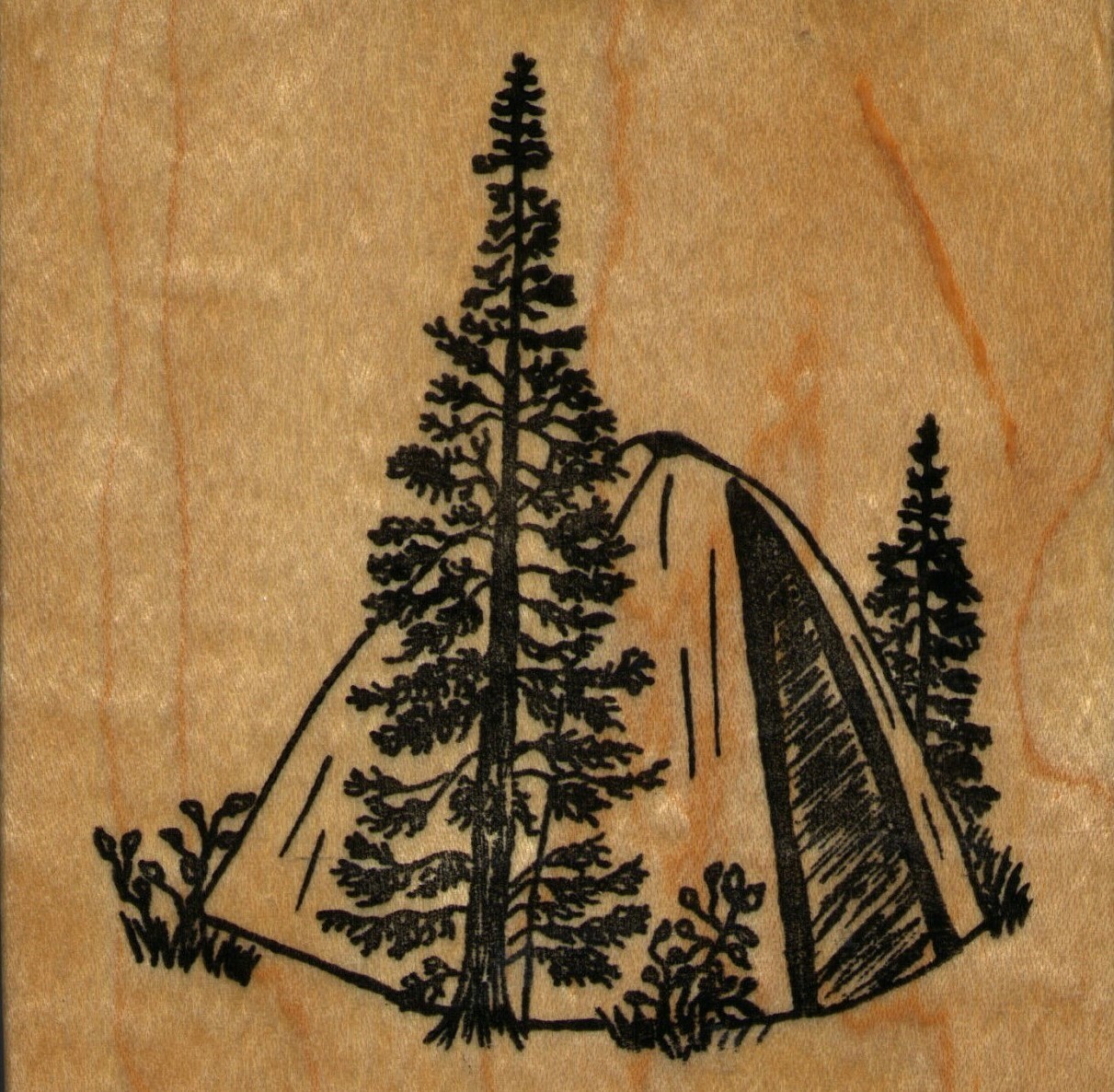 mounted rubber stamps  Tent   wood mount 3 1/2" X 3 1/2"