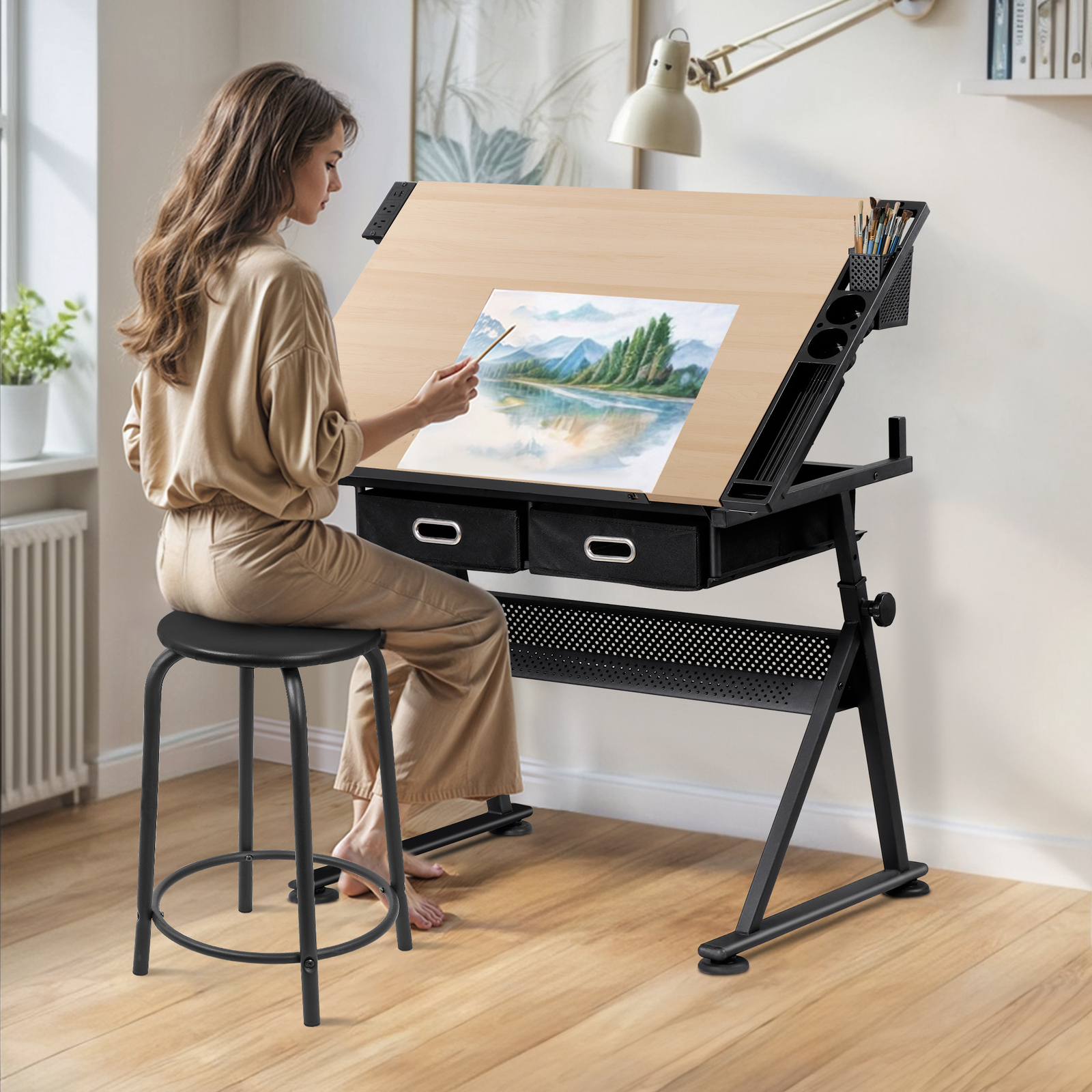 Adjustable Drafting Table & Stool Set Artist Desk with Charging Station Natural